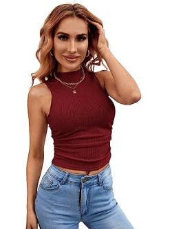 GORGLITTER Damen Stehkragen Tank Top Crop Oberteil Basic Slim Gerüscht Shirts Bauchfrei Tops Bordeaux L von GORGLITTER