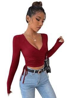 GORGLITTER Damen Strick Crop T-Shirt Bauchfrei Oberteile Tiefer V Ausschnitt Langarmshirt Pullover Cropped Tops mit Band Bordeaux L von GORGLITTER