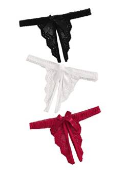 GORGLITTER Damen String Mit Spitze Schrittlose Unterwäsche Erotische Dessous Frau Offener Schritt Unterhosen Set Damenwäsche Schwarz Weiß und Rot M von GORGLITTER