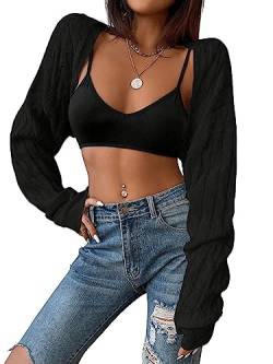 GORGLITTER Damen Super Cropped Strick Cardigan Langarm Bolero Tops Sweater Open Front Jacke Strickbolero Schwarz L von GORGLITTER