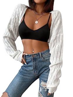 GORGLITTER Damen Super Cropped Strick Cardigan Langarm Bolero Tops Sweater Open Front Jacke Strickbolero Weiß XS von GORGLITTER