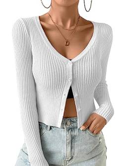 GORGLITTER Damen Sweater Cardigan V-Ausschnitt Strickjacke Pullover Pulli Dünne Jacke mit Knöpfen Weiß M von GORGLITTER