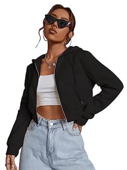 GORGLITTER Damen Sweatjacke Bauchfrei Kapuzenpullover Langarm Kurz Hoodie Sweatshirt Crop Kapuzenjacke Cropped Jacke mit Zip Schwarz XL von GORGLITTER