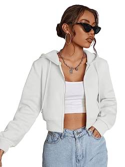 GORGLITTER Damen Sweatjacke Bauchfrei Kapuzenpullover Langarm Kurz Hoodie Sweatshirt Crop Kapuzenjacke Cropped Jacke mit Zip Weiß L von GORGLITTER