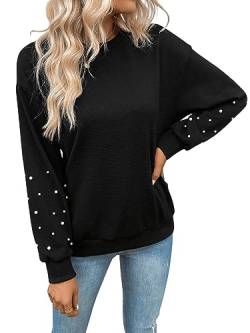 GORGLITTER Damen Sweatshirt Drop Shoulder Pullover Rundhals Oberteil Lässig Pulli mit Perlen Schwarz XL von GORGLITTER