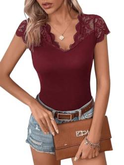 GORGLITTER Damen T-Shirt Elegant Oberteil mit Spitzenbesatz Office Casualshirt Kurzarm Spitzenshirt mit V Ausschnitt Bordeaux L von GORGLITTER