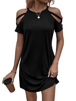 GORGLITTER Damen T-Shirt Kleid Cut Outs Casual Freizeitkleid Basic Sommerkleid Kurzkleid mit Kreuzgurt Schwarz L von GORGLITTER