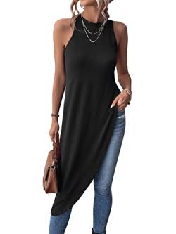 GORGLITTER Damen Tank Top Sommertop Asymmetrisch T-Shirt Lange Oberteil Ohne Ärmel Tops mit Rundhals Schwarz L von GORGLITTER