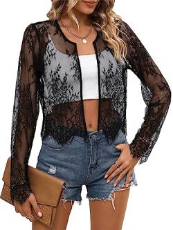 GORGLITTER Damen Transparent Cardigans offener Front Kurze Spitzen Jacke Langarm Jäckchen mit Spitzen Schwarz L von GORGLITTER