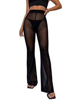 GORGLITTER Damen Transparent Schlaghose Yogahose Elastischer Bund Mesh Lange Hosen Hohe Taille Strandhose Schwarz L von GORGLITTER