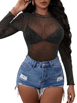 GORGLITTER Damen Transparenten Mesh Top mit Glitzer Oberteile Wellensaum T-Shirt Party Festivals Shirts Schwarz XS von GORGLITTER