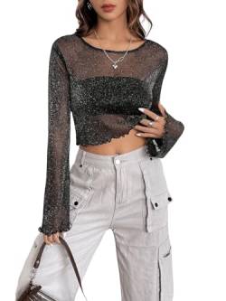 GORGLITTER Damen Transparenter Mesh Oberteil Glitzer Netzstoff Tops Crop T-Shirt Netzshirt Langarmshirt mit Wellensaum Grau S von GORGLITTER