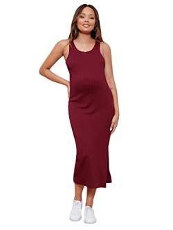 GORGLITTER Damen Umstandskleid Casual Schwangerschafts Kleid für Schwangere Strick Tank Midikleid mit Schlitz Bordeaux L von GORGLITTER