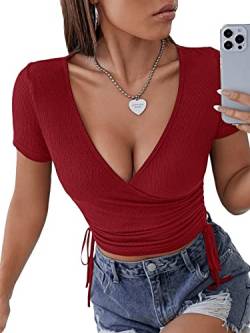 GORGLITTER Damen Wrap Bauchfrei Tops V-Ausschnitt Crop Top Kurz Oberteil Stretch Kurzarmshirt mit Schnürzug Bordeaux S von GORGLITTER