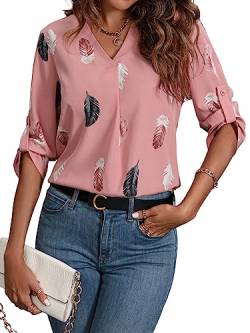 GORGLITTER Elegante Bluse Damen V Ausschnitt Bluse Blusenshirt 3/4 Arm Elegant Bluse Mit Knöpfen Dreiviertelarm Oberteil Mit Federn Grau-Rosa S von GORGLITTER