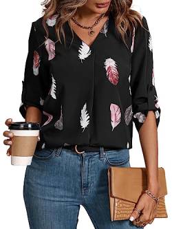 GORGLITTER Elegante Bluse Damen V Ausschnitt Bluse Blusenshirt 3/4 Arm Elegant Bluse Mit Knöpfen Dreiviertelarm Oberteil Mit Federn Schwarz S von GORGLITTER