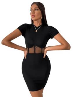 GORGLITTER Figurbetontes Kleid Kurz Kleid Damen Minikleid mit Mesh Bleistift Kleider Party Kleid mit Netzstoff Schwarz M von GORGLITTER