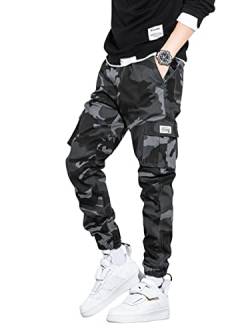 GORGLITTER Herren Camouflage Cargo Hose Cargohose Elastischer Bund Lange Capri Lange Hosen Cargopants mit Tunnelzug Grau XXL von GORGLITTER