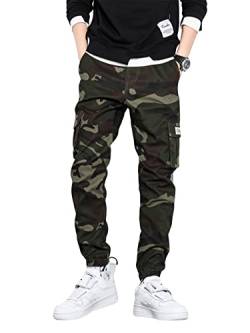 GORGLITTER Herren Camouflage Cargo Hose Cargohose Elastischer Bund Lange Capri Lange Hosen Cargopants mit Tunnelzug Grün M von GORGLITTER