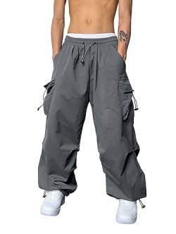 GORGLITTER Herren Cargo Hose Baggy Cargohose mit Taschen Y2k Sweathose Lange Capri Hose Streatwear mit Tunnelzug Dunkelgrau L von GORGLITTER