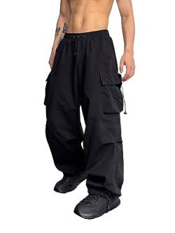 GORGLITTER Herren Cargo Hose Baggy Cargohose mit Taschen Y2k Sweathose Lange Capri Hose Streatwear mit Tunnelzug Schwarz M von GORGLITTER