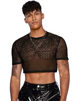 GORGLITTER Herren Crop Top mit Fischnetz T-Shirt Bauchfreies Tops Mesh Kurzarmshirt Transparent Oberteil Schwarz L von GORGLITTER