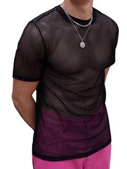 GORGLITTER Herren Muskel Transparent T-Shirt Kurzarm Shirts Fischnetzstoff Hemd Rundkragen Kurzarmshirt Schwarz M von GORGLITTER