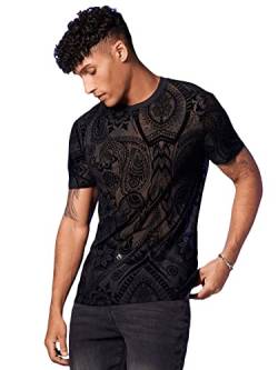 GORGLITTER Herren Muskel Transparent T-Shirt Kurzarm Shirts Netz Hemd Rundkragen Kurzarmshirt mit Beflockt Paisley Schwarz L von GORGLITTER