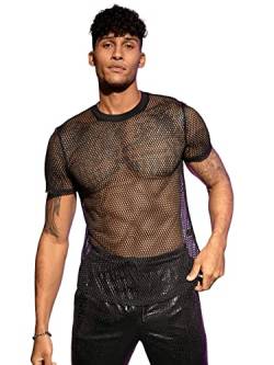 GORGLITTER Herren Muskel Transparent T-Shirt Kurzarm Shirts Netz Hemd Rundkragen Kurzarmshirt mit Fischnetz Schwarz XL von GORGLITTER