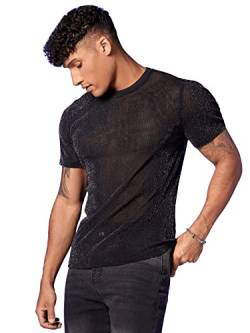 GORGLITTER Herren Transparent Netz T-Shirt Kurzarm Mesh-Oberteil Slim Hemd Runhals Shirt Tops mit Glitzer Schwarz XL von GORGLITTER