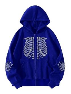 GORGLITTER Hoodie Mit Reißverschluss Damen Fleecejacke Mit Kapuze Hoodie Mit Skelett Strass Kapuzenpullover Mit Taschen Y2k Hoodie Jacke Blau L von GORGLITTER