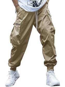 GORGLITTER Hosen Herren Cargohose Cargo Hose Sport Pants Männer Workout Outfitwear mit Tunelzug und Seitetaschen Sweathose Khaki S von GORGLITTER