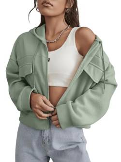 GORGLITTER Jacke Mit Kapuze Damen Herbst Frühling Jacke Mit Reißverschluss Sweatjacke Kapuzenjacke Hoodie Kapuzensweatshirt Minzgrün XS von GORGLITTER