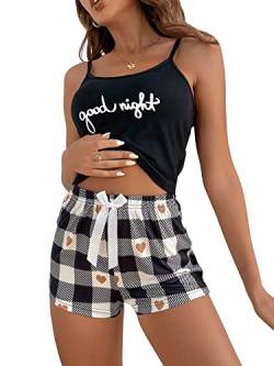 GORGLITTER Karierte Pyjama Set Damen Schlafanzug Mit Herzen Cami Pyjamas Set Nachtwäsche Mit Schleife Sommer Hausanzug Schwarz L von GORGLITTER