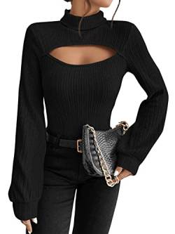 GORGLITTER Langarmshirt Damen Elegant Strickpullover Cut Outs Pullover Mit Stehkragen Ausschnitt Oberteil Sexy Top Bluse Mit Laternenärmeln Schwarz S von GORGLITTER