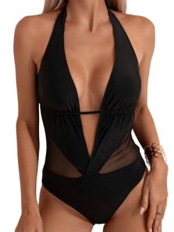 GORGLITTER Mesh Badeanzug Damen Einteiliger Badeanzug Sexy Schwimmanzug Neckholder Badeanzug Mit Cut Out Bademode Schwarz M von GORGLITTER