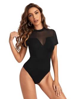 GORGLITTER Mesh Body Damen Kurzarm Tshirt Body Netzstoff Oberteil Body Durchsichtiges Bodysuit Blusenbody Transparent Schwarz S von GORGLITTER