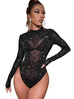 GORGLITTER Mesh Body Damen Langarm Sheer Bodysuit Sexy Oberteil mit Glitzer Party Outfit Clubwear Schwarz S von GORGLITTER