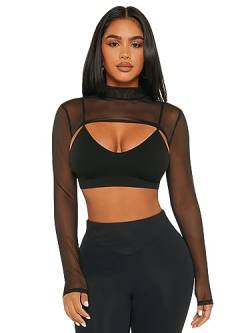 GORGLITTER Mesh Crop Top Damen Langarm Crop Shrug Top Kurz Y2k Netzoberteil Transparentes Langarmshirt Sehr Kurzes Top Schwarz S von GORGLITTER