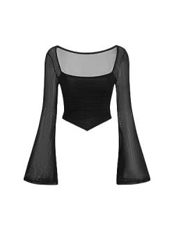 GORGLITTER Mesh Crop Top Damen Langarm Netzstoff Oberteil Langarmshirt Mit Eckigem Ausschnitt Bauchfreies Shirt Mit Rüschen Schwarz L von GORGLITTER