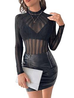 GORGLITTER Mesh Oberteil Damen Durchsichtiges Oberteil Stehkragen Top Metallic Glitzer Langarmshirts Party Tops ohne BH Schwarz L von GORGLITTER