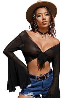 GORGLITTER Mesh Oberteil Damen Y2k Top Langarm V Ausschnitt Crop Top Netzstoff Shirt Sexy Top Mit Trompetenärmeln Schwarz XS von GORGLITTER