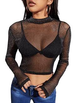 GORGLITTER Mesh Oberteile Damen Durchsichtig Netzstoff Crop Tops mit Glitzer Mesh Tshirt Top für Party Schwarz S von GORGLITTER