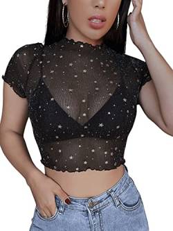 GORGLITTER Mesh Top Damen Transparent Crop Top Mit Netzstoff Sexy Bauchfreie Oberteile Durchsichtiges Shirt Mit Galaxie Schwarz XS von GORGLITTER