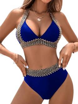 GORGLITTER Neckholder Bikini Damen Push Up Bikini Set Elegant Bikini Mit Pailletten Zweiteiler Badeanzug Bademode Königsblau M von GORGLITTER