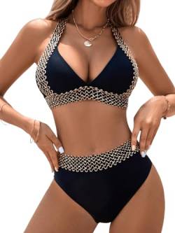 GORGLITTER Neckholder Bikini Damen Push Up Bikini Set Elegant Bikini Mit Pailletten Zweiteiler Badeanzug Bademode Schwarz L von GORGLITTER