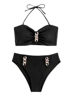 GORGLITTER Neckholder Bikini Damen Set Sexy Bikini Mit Ketten Bandeau Bikini Mit Goldenen Ringen Bademode Swimsuit Schwarz L von GORGLITTER