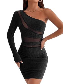 GORGLITTER Partykleid Damen Glitzer Langarm Figurbetontes Kleid Lang Schulterfreies Kleid Sexy Cocktailkleid Mesh Bodycon Kleid Schwarz L von GORGLITTER