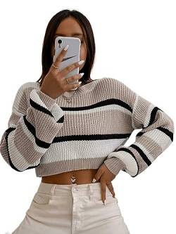 GORGLITTER Pullover Mit Farbblock Damen Crop Pullover Strick Gestreifter Pullover Bunt Strickpullover Grobmaschig Kurz Strickpulli Grau-Rosa S von GORGLITTER