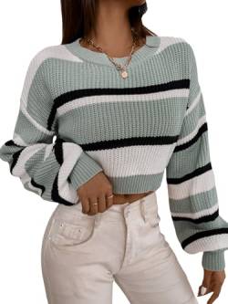 GORGLITTER Pullover Mit Farbblock Damen Crop Pullover Strick Gestreifter Pullover Bunt Strickpullover Grobmaschig Kurz Strickpulli Grün S von GORGLITTER